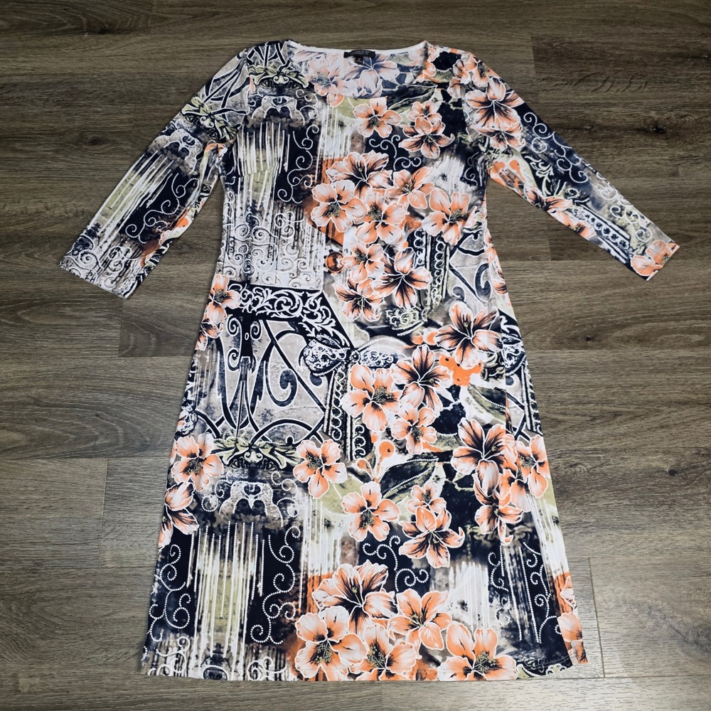 Glamour Womens 12 Sheath Dress Navy Orange Floral Tropical 3/4 Sleeve Stretch